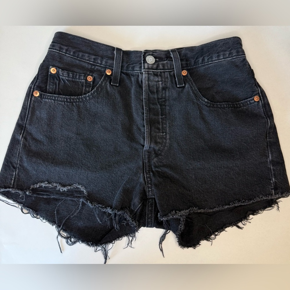Levi’s 501 Shorts, Distressed Black Denim Shorts, High Rise Button Fly Size 26